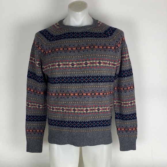 J Crew 100% Lambswool Sweater Men’s M Fair Isle Gray Multicolor Pullover